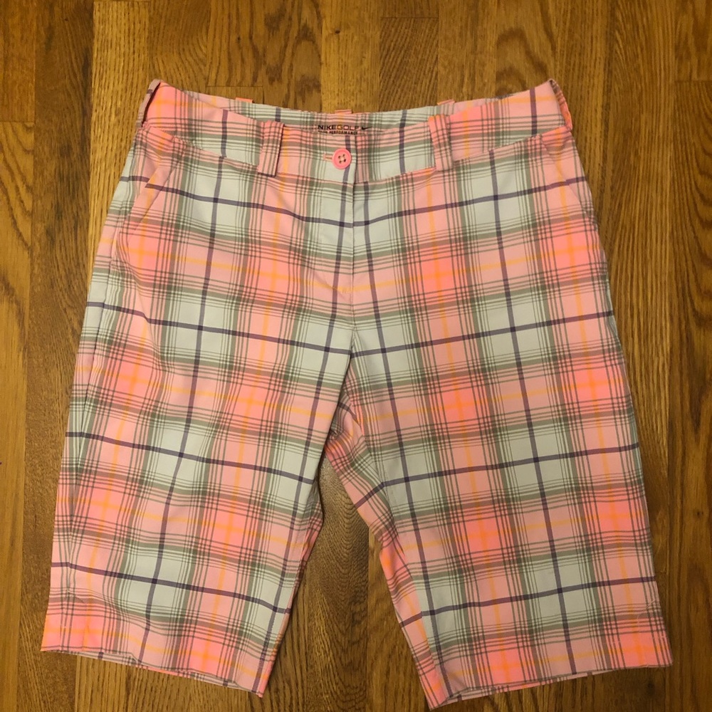 Nike golf tour performance pink and gray plaid shorts